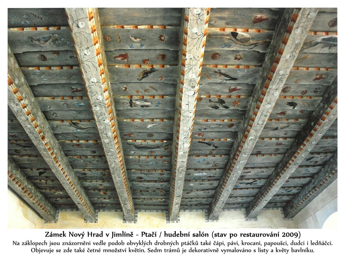 Ptačí salón - renesanční záklopový strop ve východním křídle s dekorem ptactva a bavlníku