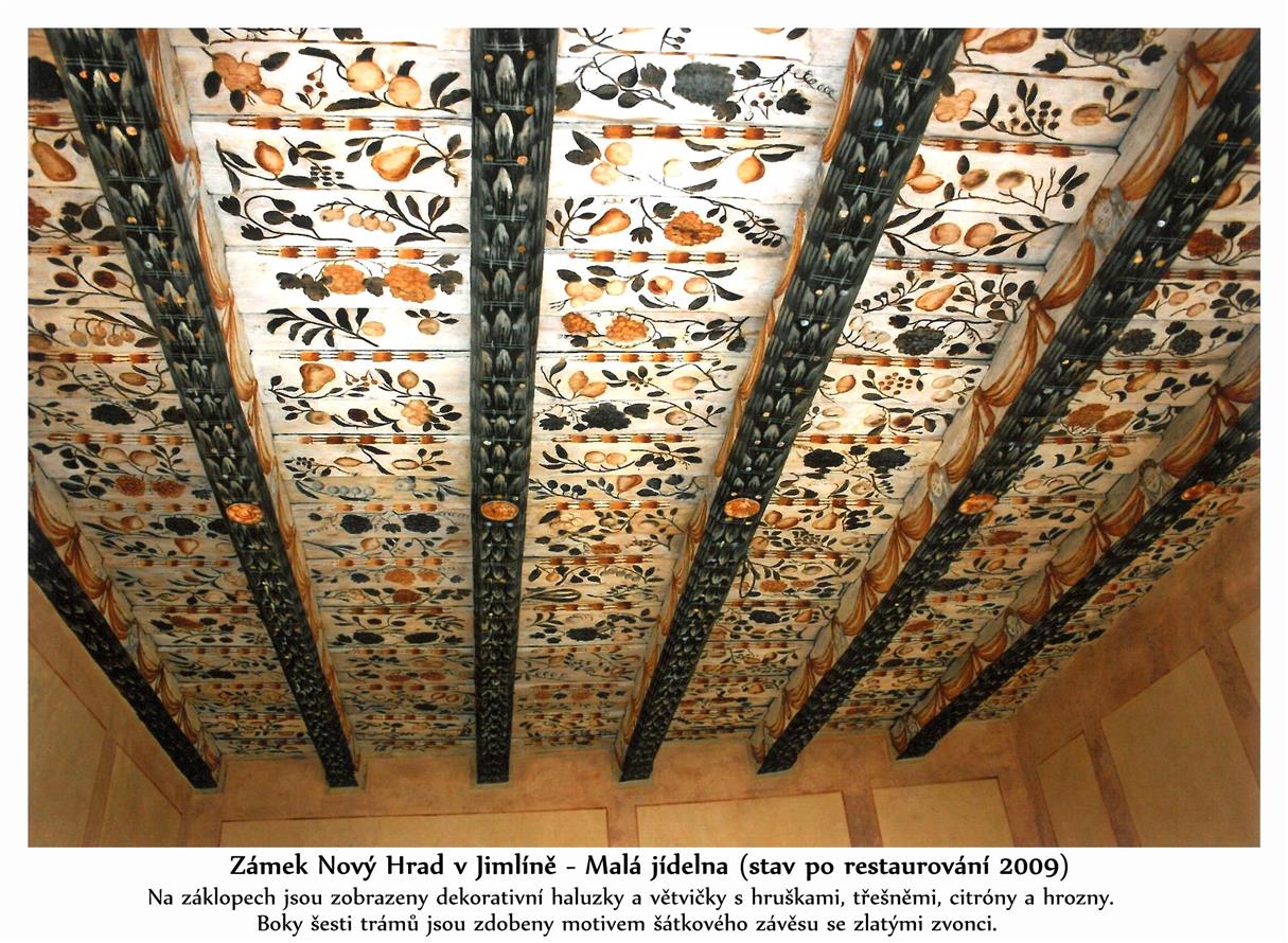 Malá jídelna - renesanční záklopový malovaný strop ve východním křídle paláce s motivy ovoce a maskaronů